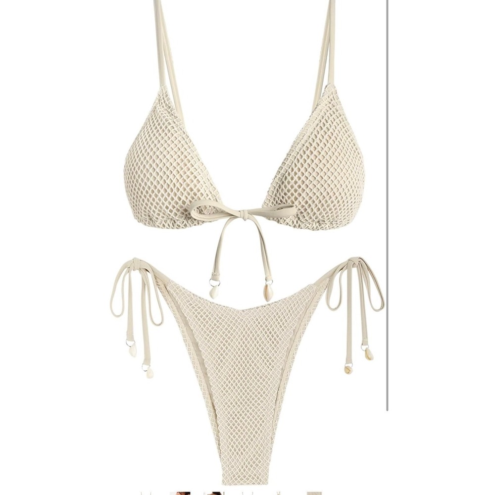ZAFUL Women Triangle String Two Piece Bikini Fishnet Mesh Tie Shell Decor Tanga